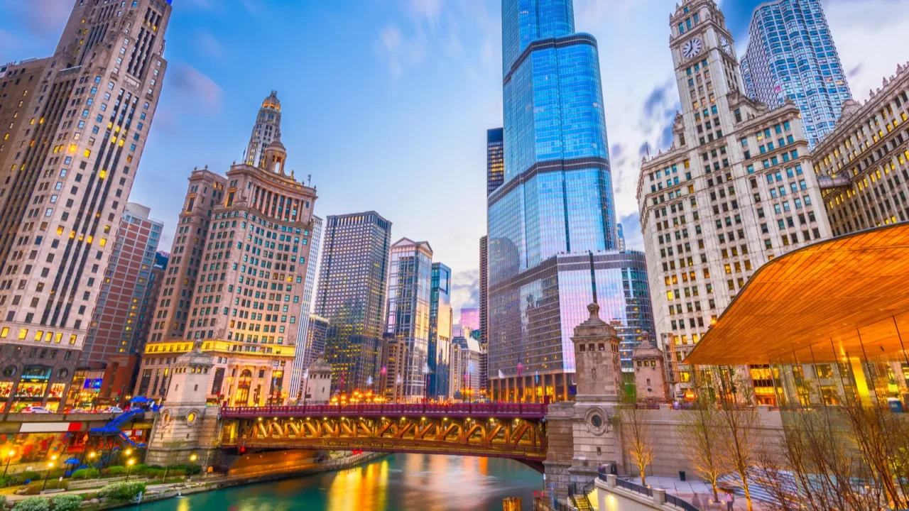 chicago illinois usa cityscape on the river at twilight