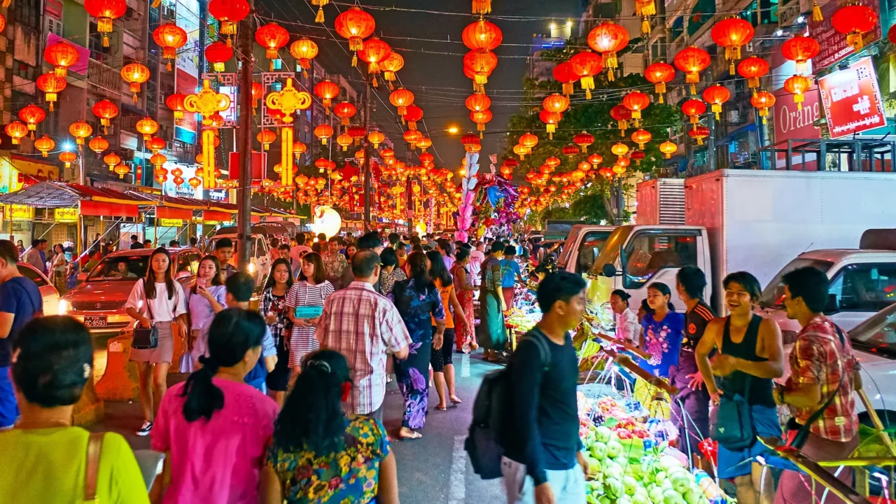 chinese new year in chinatown of yangon myanmar