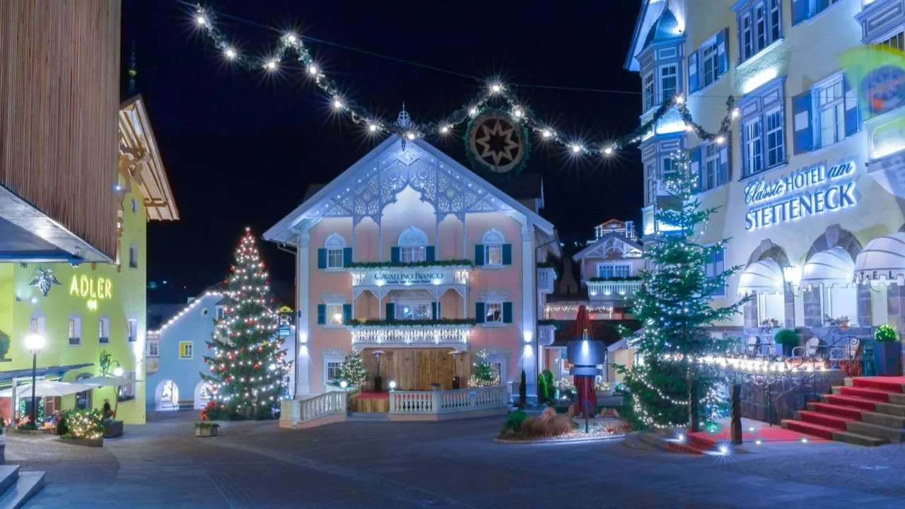 christmas decorations in ortisei central plaza italy at night