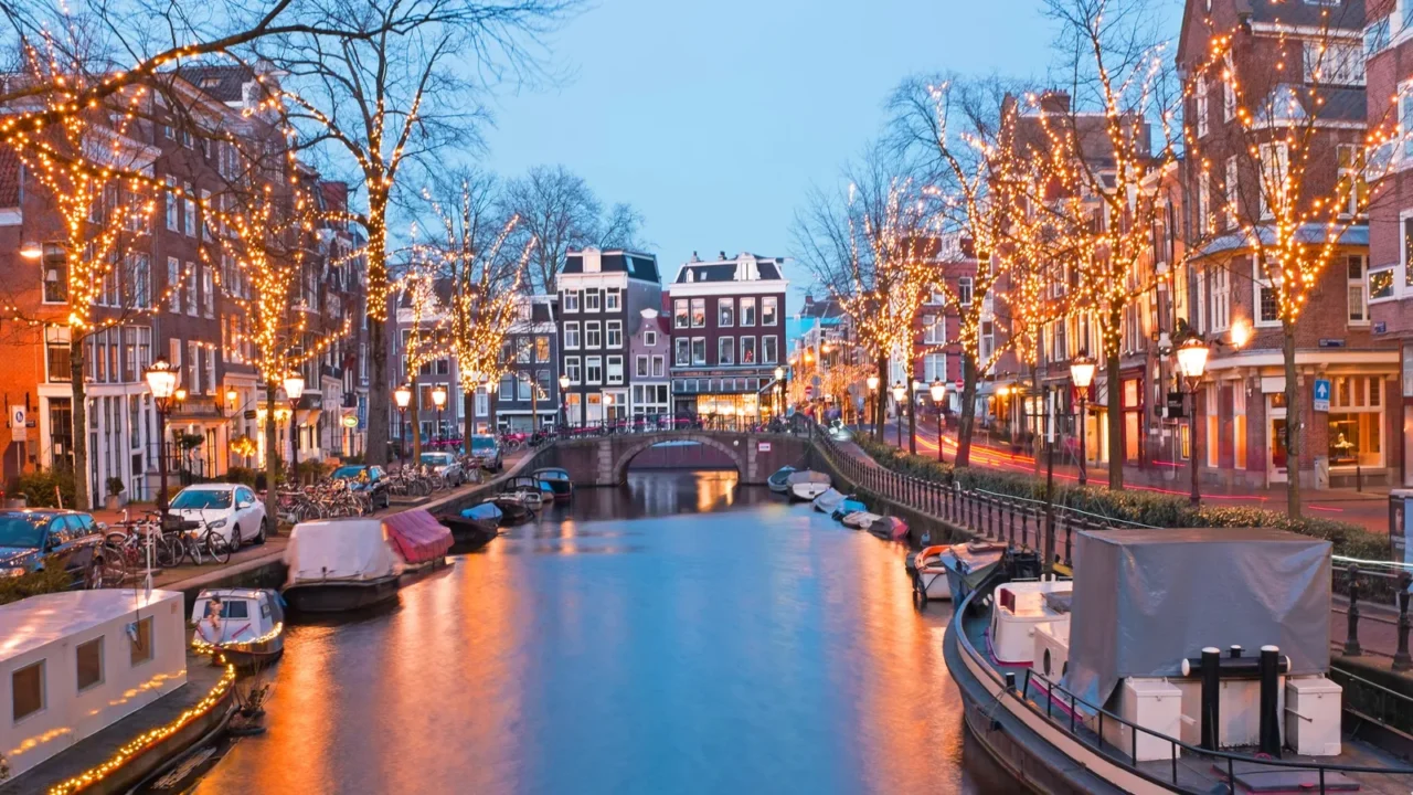 christmas time in amsterdam the netherlands at dusk