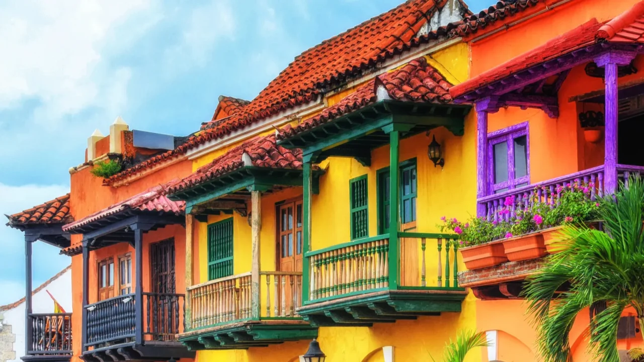 colorful spanish colonial buildings with wooden balconies at plaza de