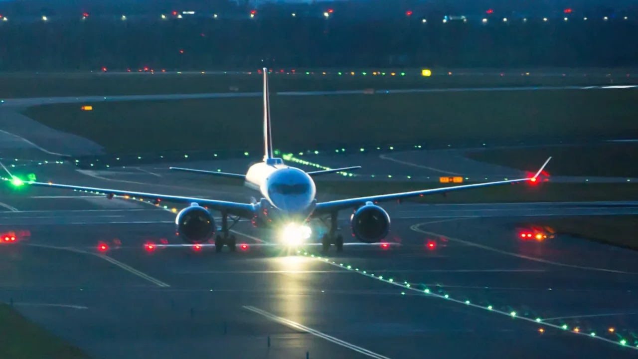commercial jet aircraft on runway with lights approaching terminal after