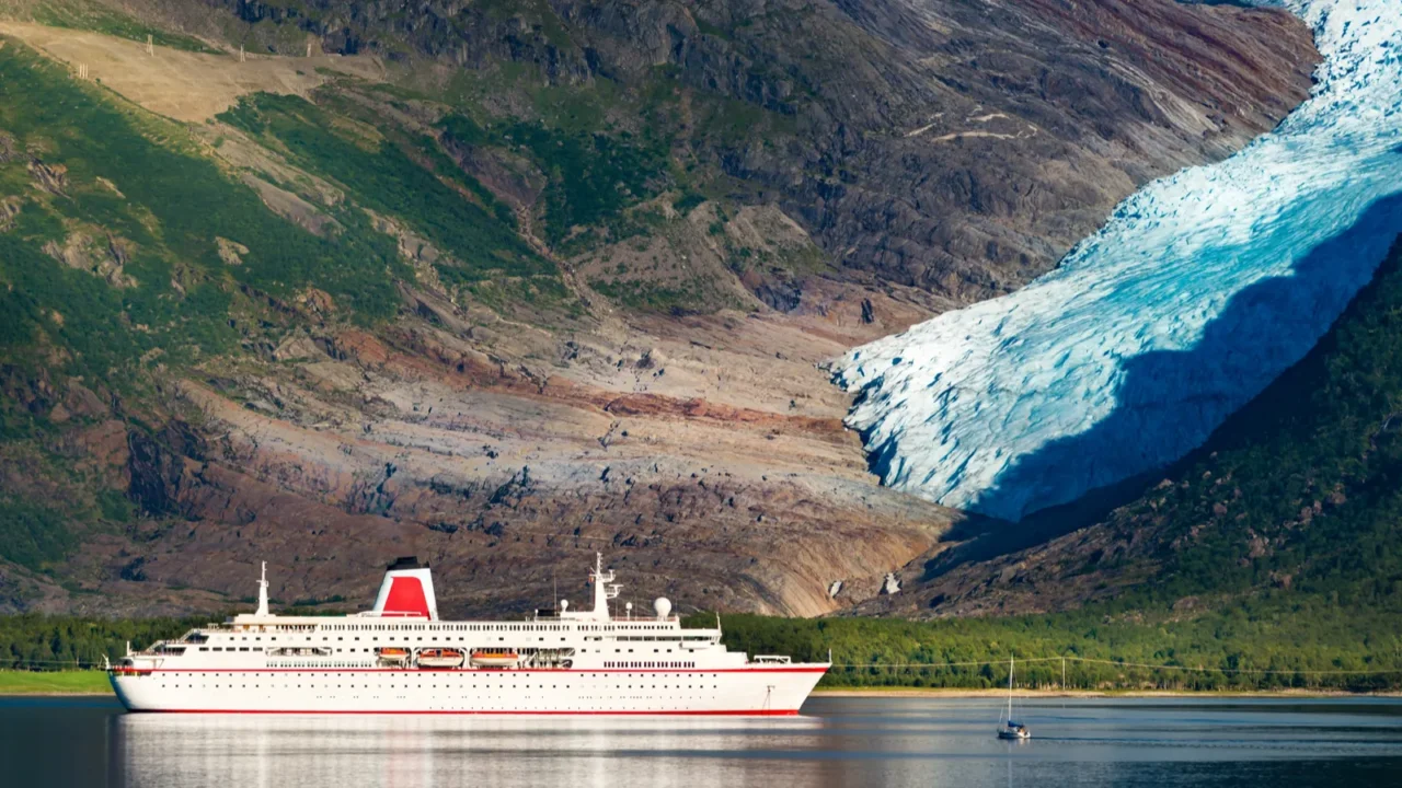 cruise ship at svartisen glacier in norway