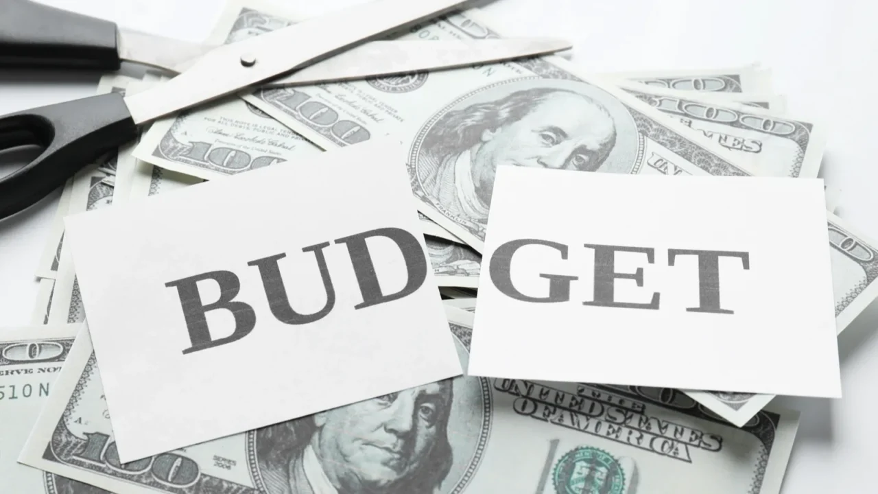 cut paper with word budget dollar banknotes and scissors on