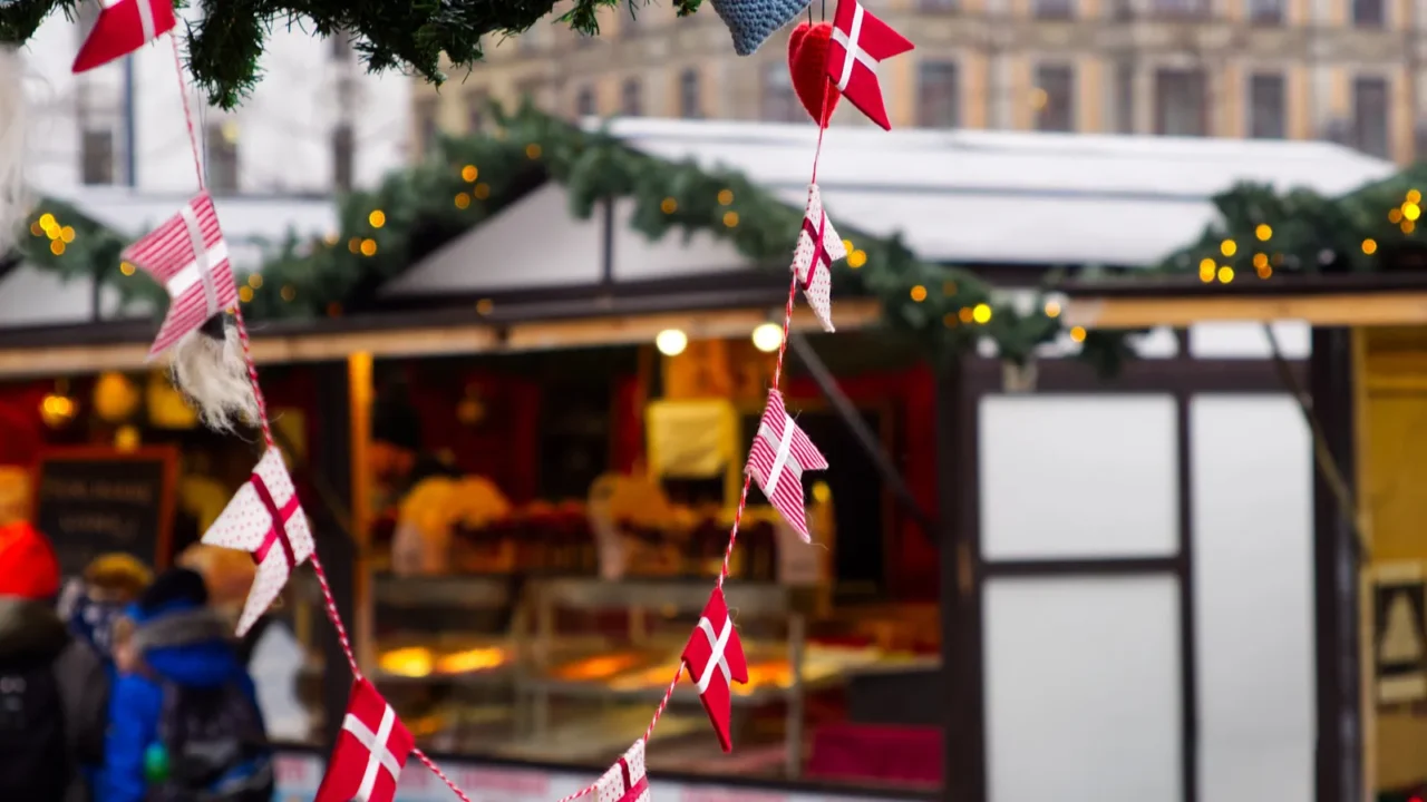 danish small flags hanging from as ornament in a christmas