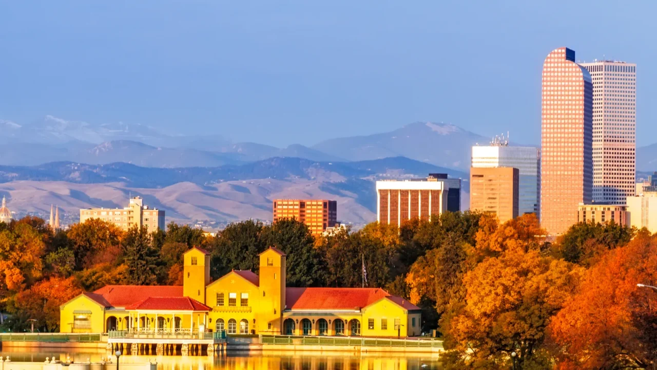 denver skyline in fall from city park