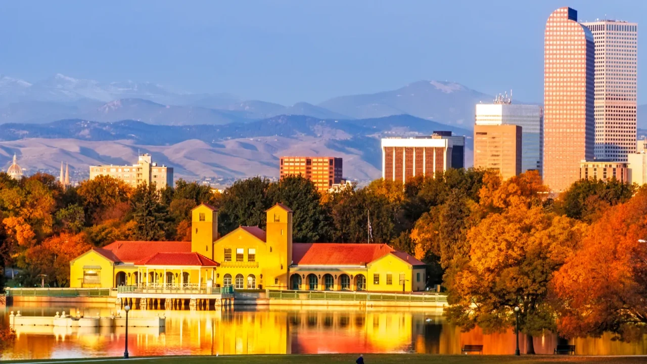denver skyline in fall from city park