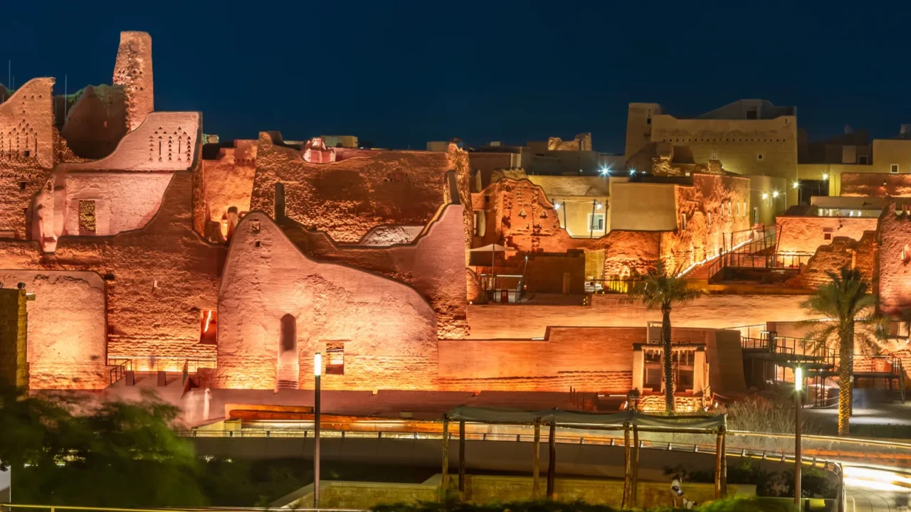 diriyah illuminated old town walls atturaif district complex at