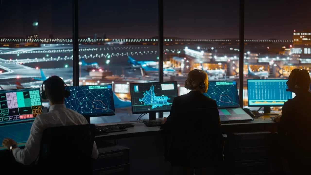 diverse air traffic control team working in modern airport tower