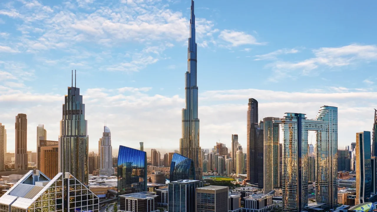 dubai skyline at sunset with traffic aerial view united