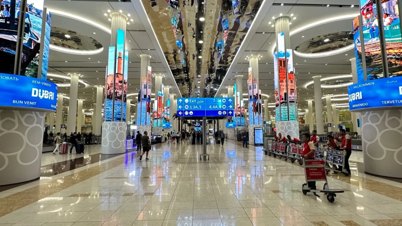 dubai united arab emirates15 september 2023 long bustling airport corridor