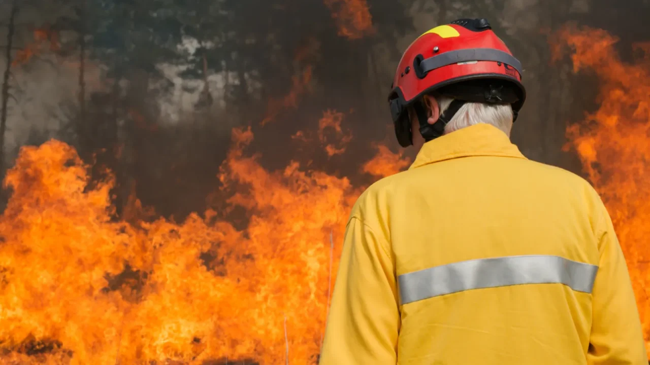 firefighter looking on forest fire