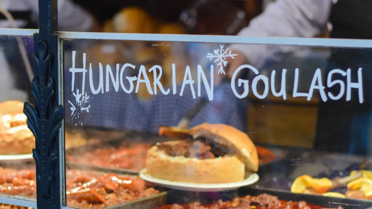 goulash soup with beef potato and meat sausage served in