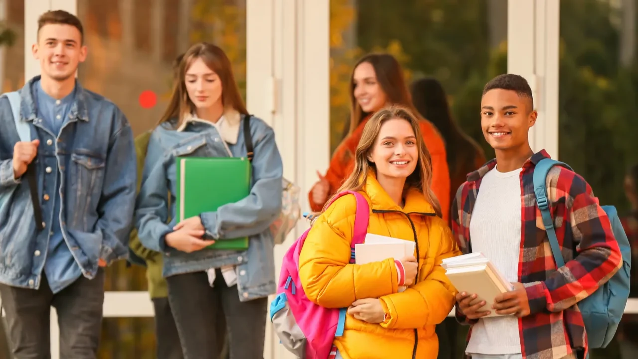 group of teenage students near university