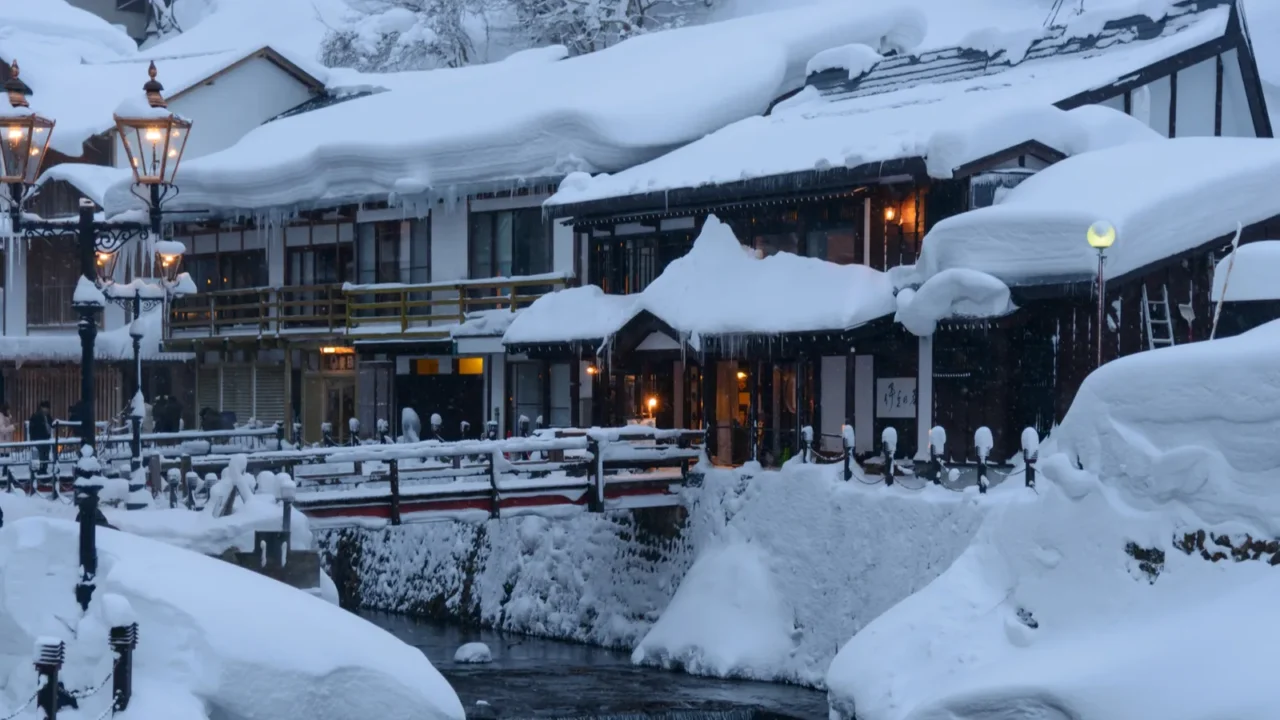 historic district of ginzanonsen in winter