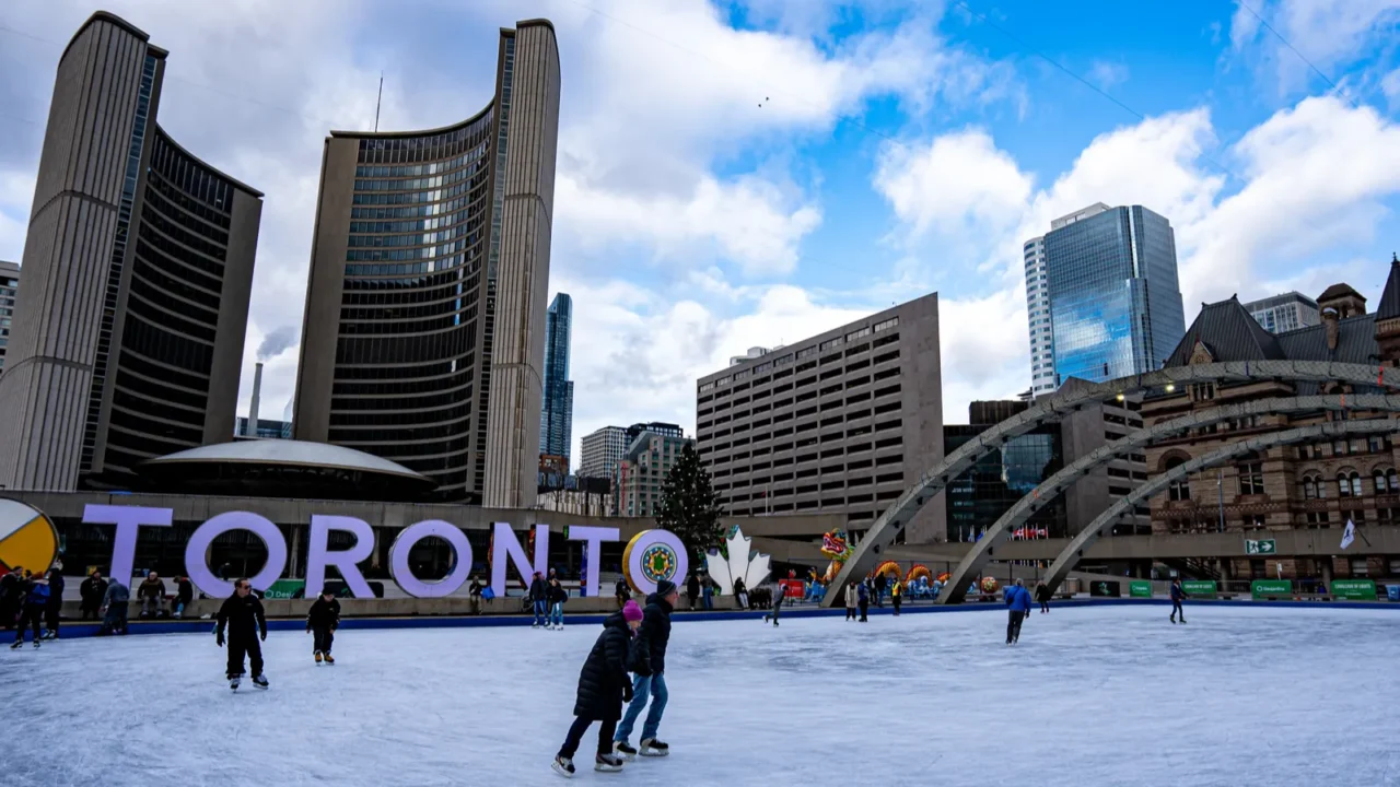 ice skaters in nathan phillips square toronto canada  december