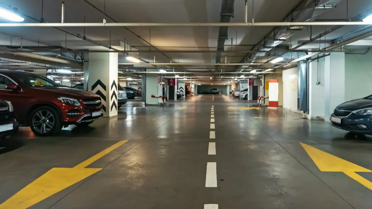 illuminated underground car parking interior under modern mall with lots