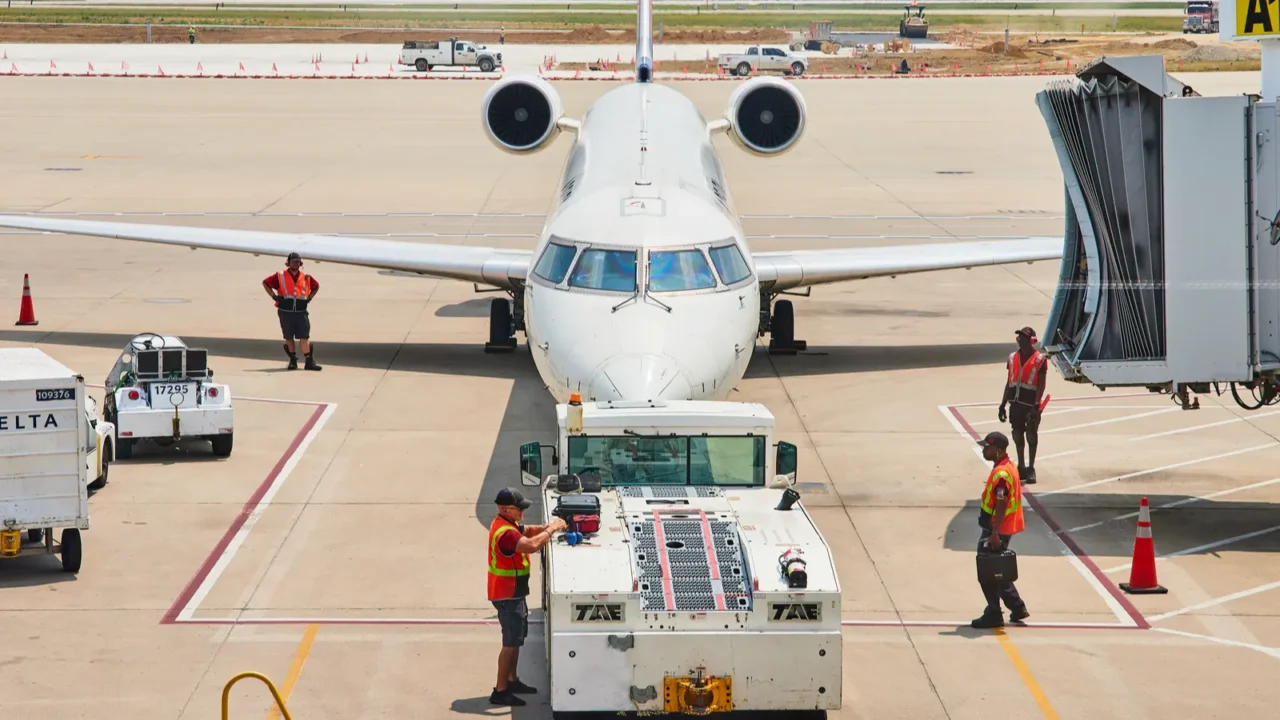 image of employees standing around airplane as ground vehicle prepares