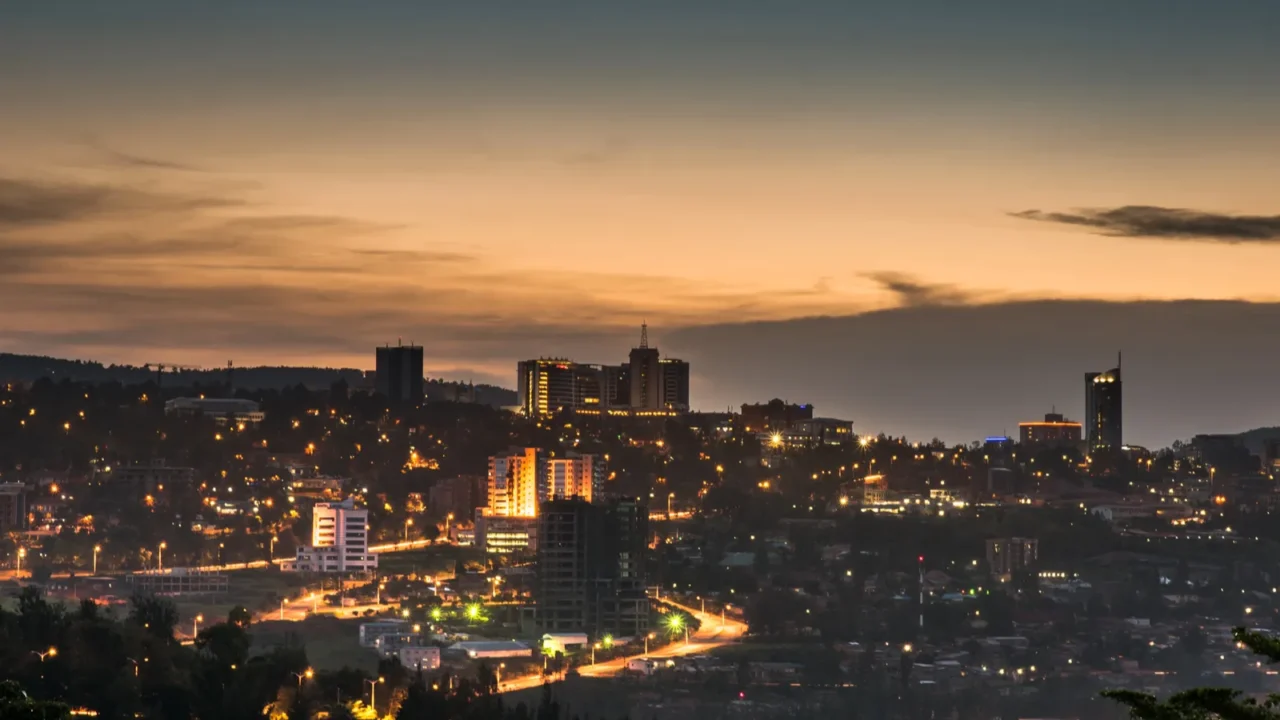 kigali city centre skyline and surrounding areas lit up at