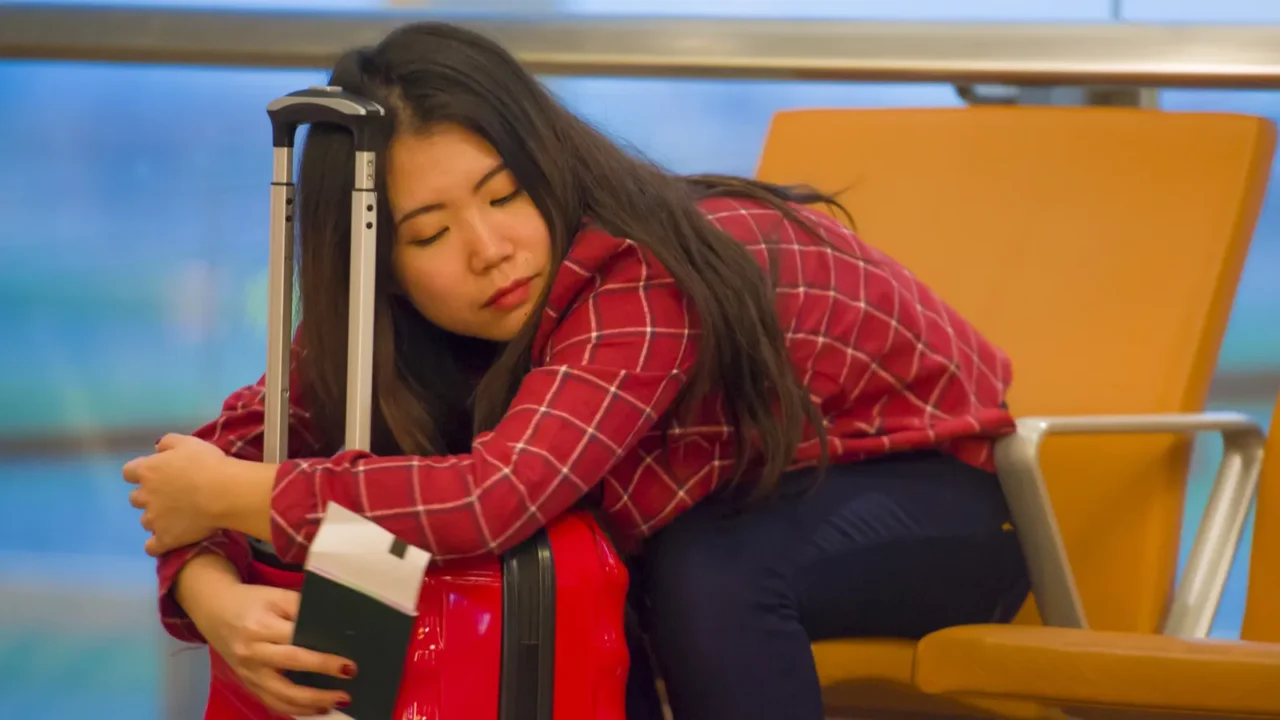 lifestyle portrait of young pretty tired and exhausted asian korean