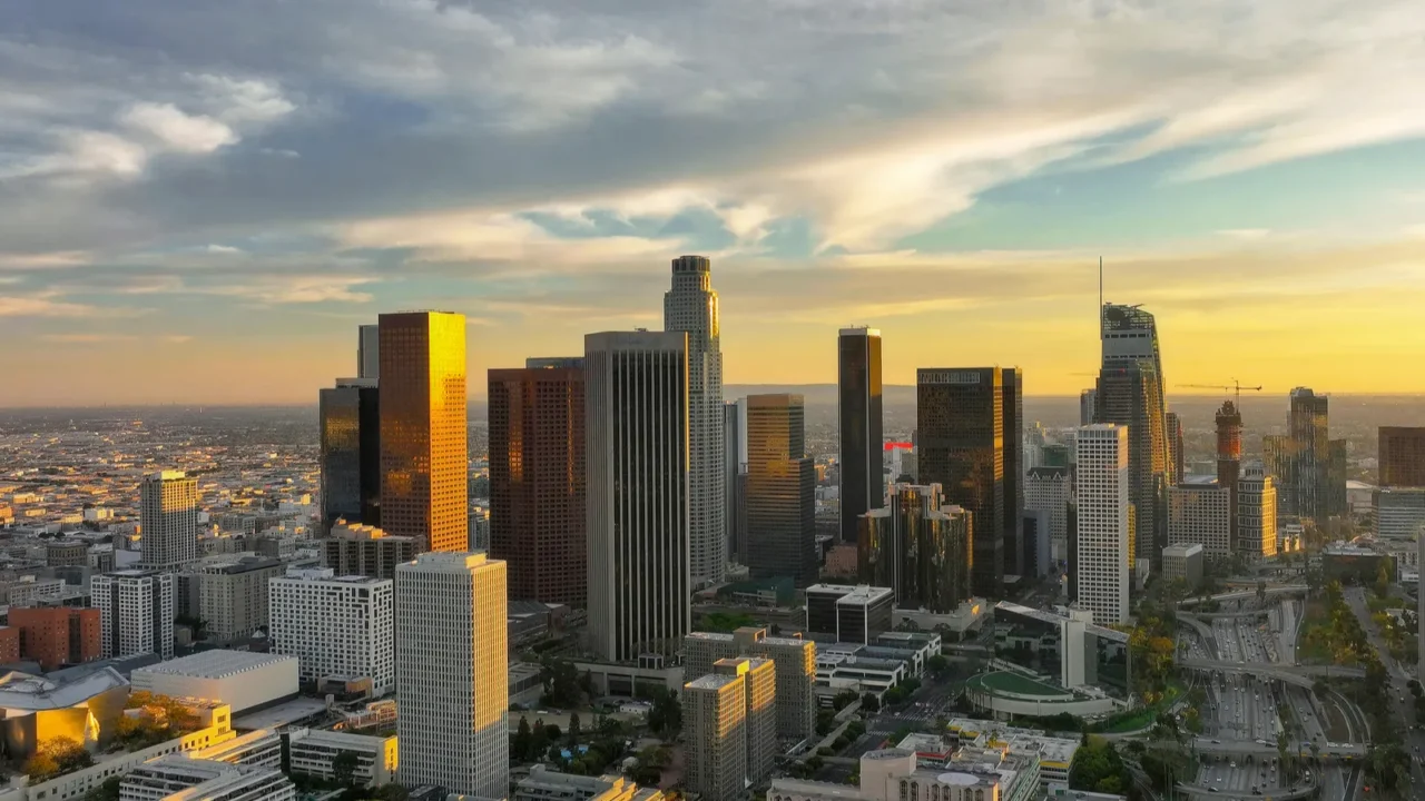 los angeles downtown cinematic drone of top aerial view flying