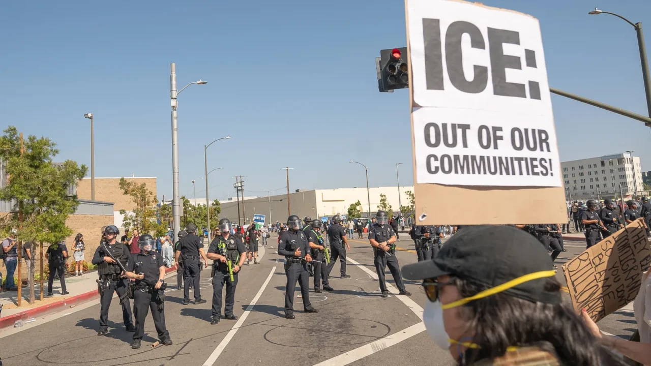 los angeles usa june 8 2025 man holding protest