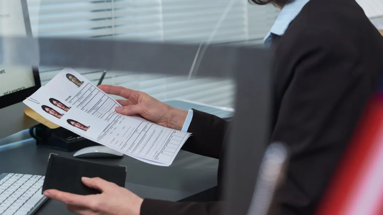 middle aged caucasian woman processing visa applications at visa center