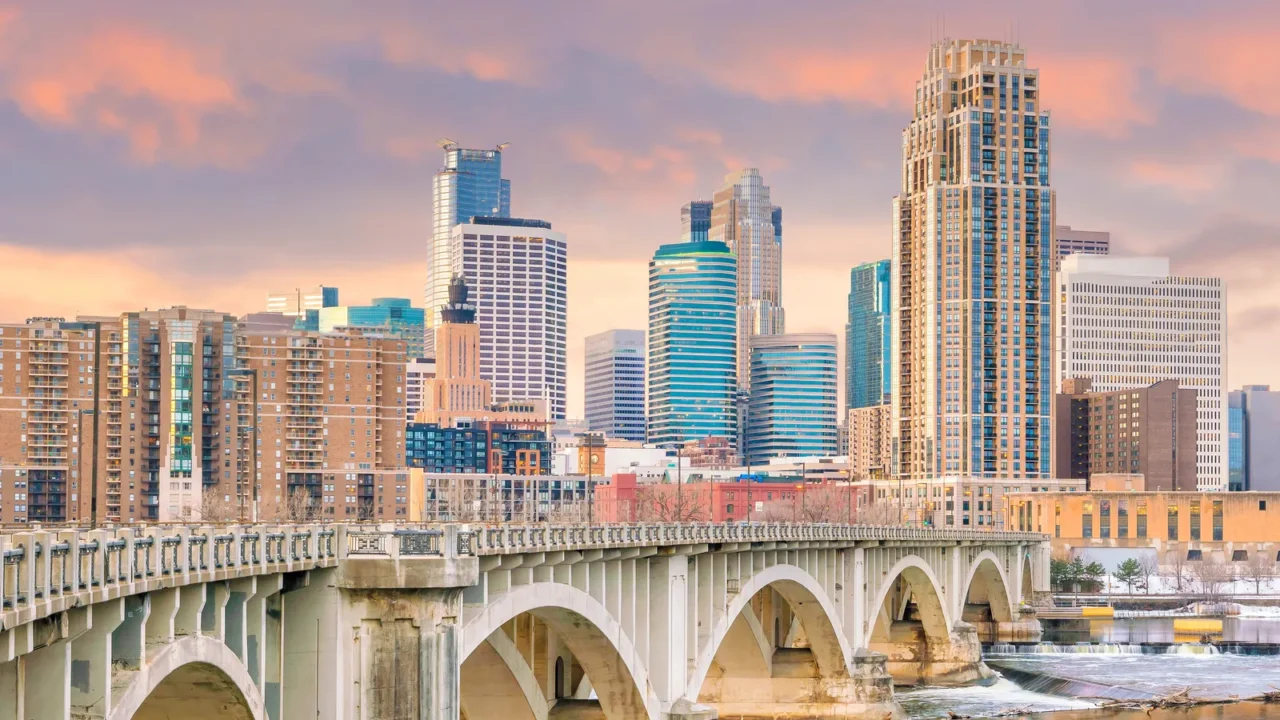 minneapolis downtown skyline in minnesota usa at sunset