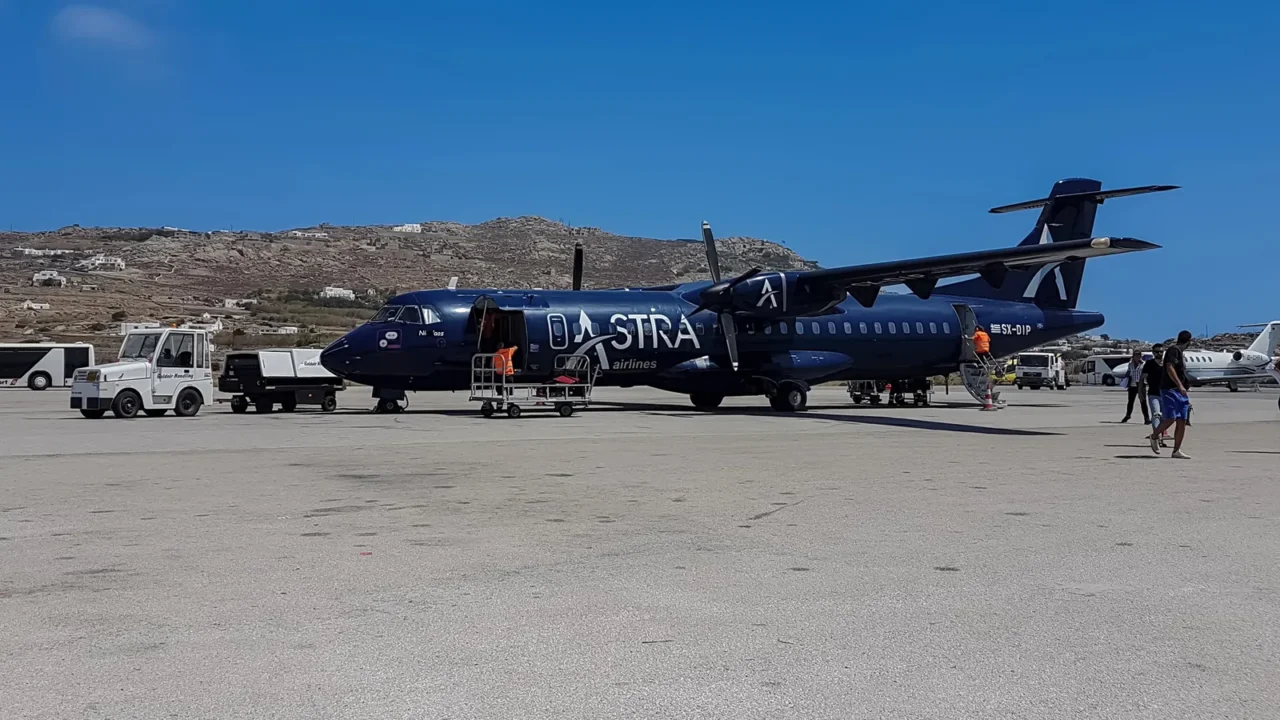 mykonos greece august 12 2016 astra airlines aircraft on