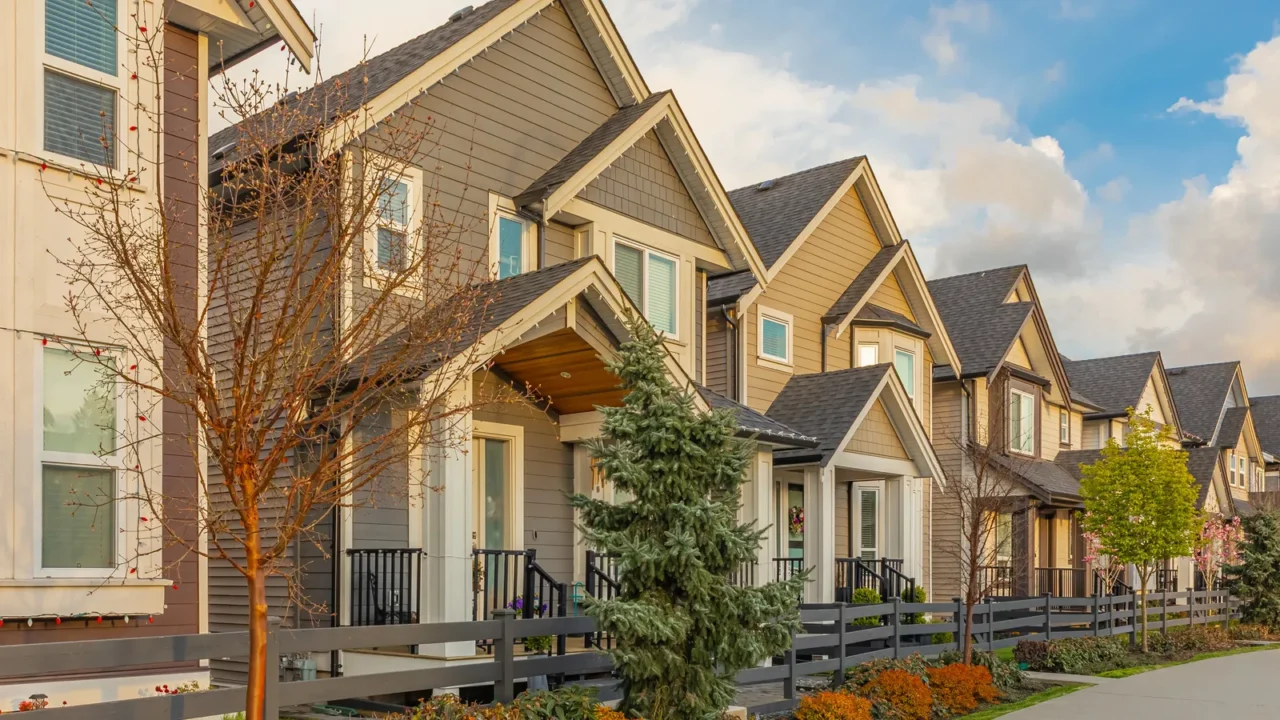 neighborhood modern houses with spring flowers in bc canada canadian