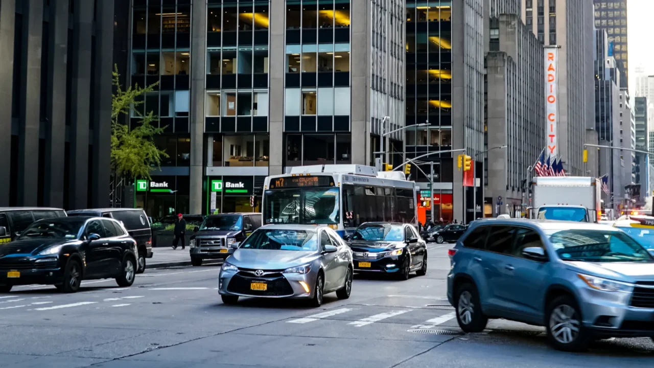 new york city manhattan street panorama with yellow new york