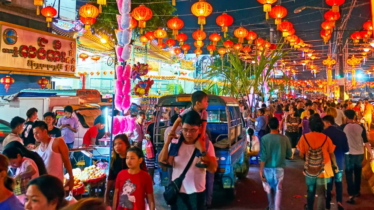 noisy new year celebration in chinatown of yangon myanmar