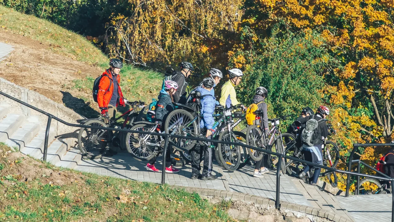 october 6 2018 novogrudok belarus castle road people with bicycles