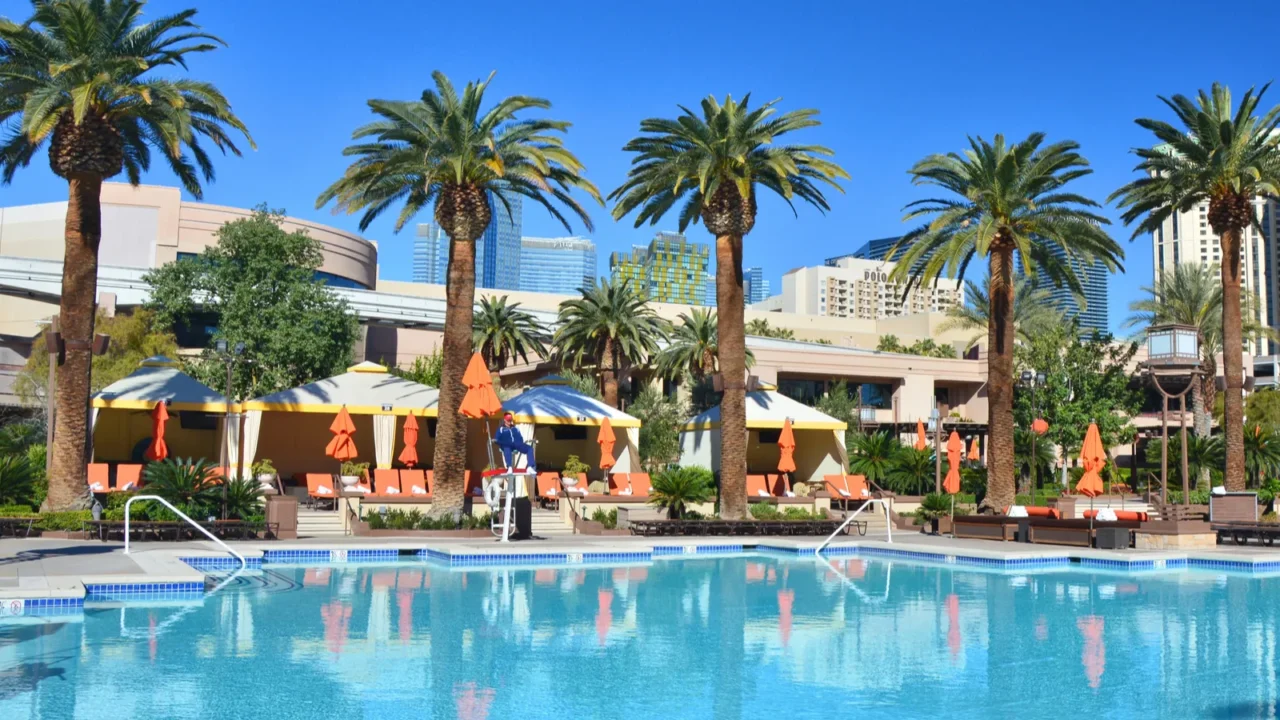 outdoor swimming pool at mgm grand hotel in las vegas