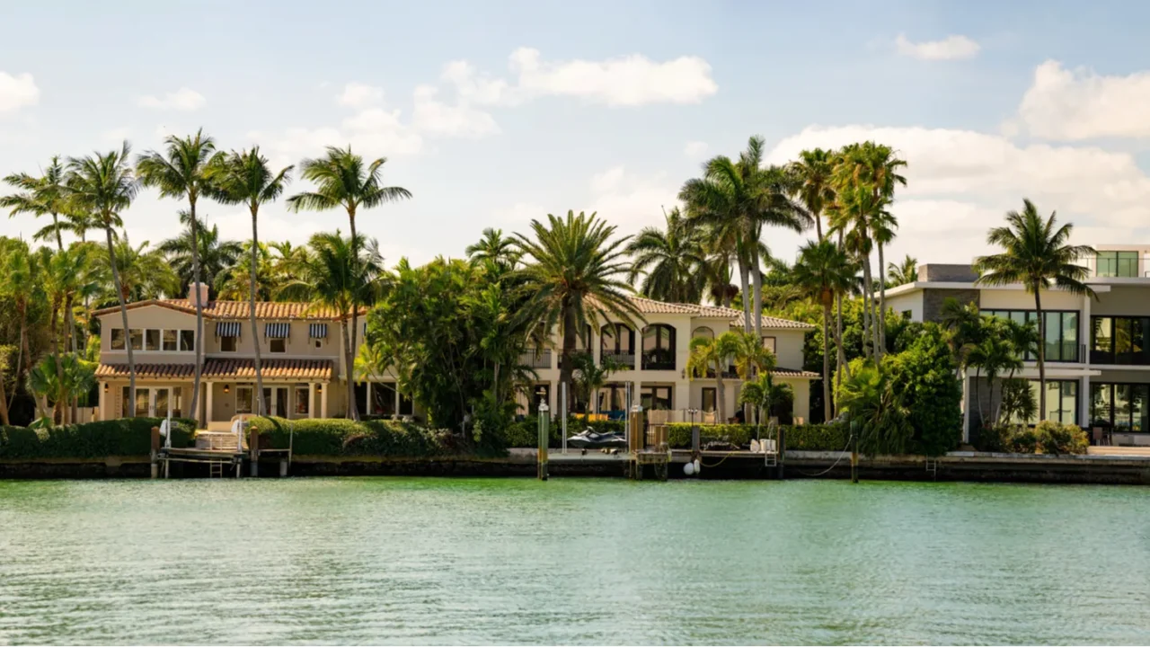 panorama of luxury waterfront mansions in miami beach indian creek