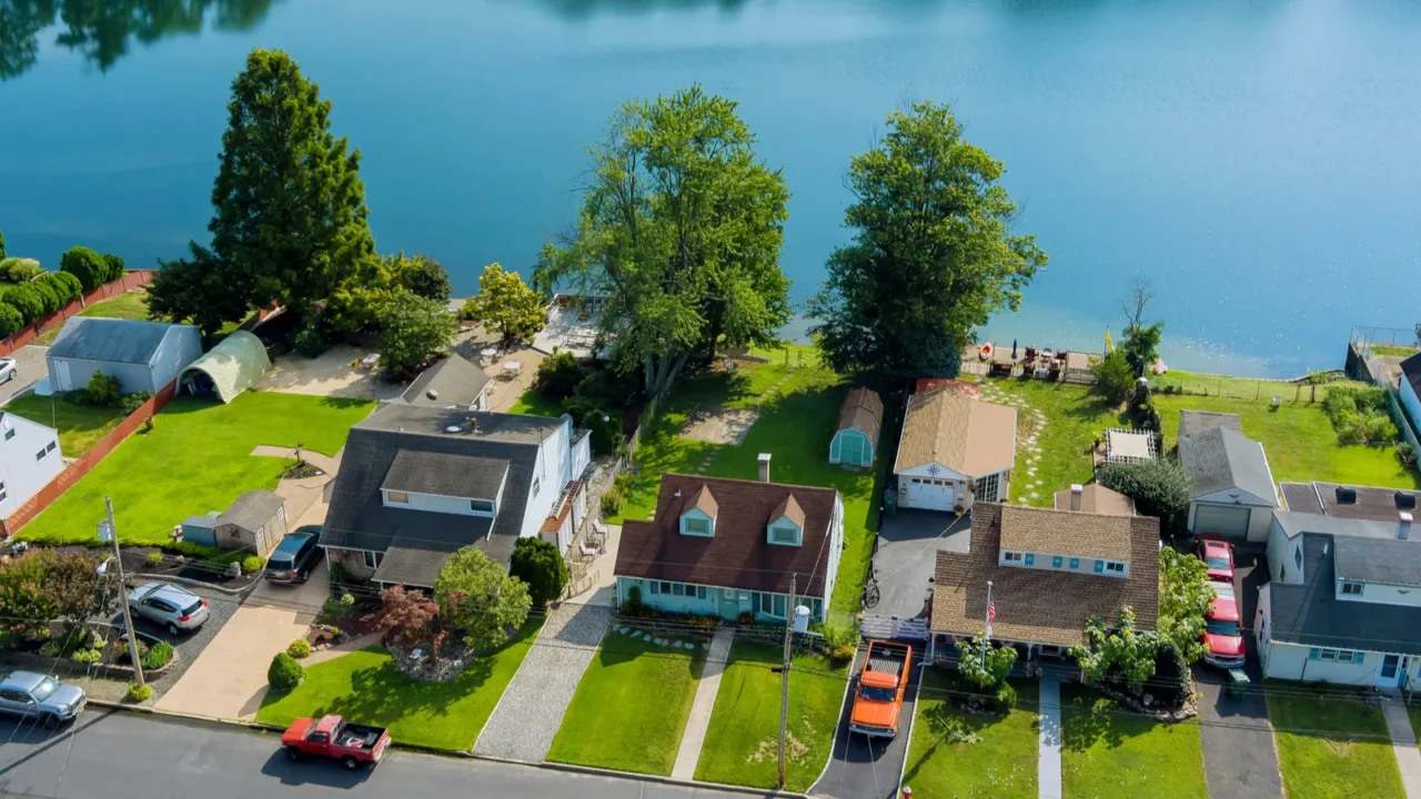 panorama view of small american town near pond in sayreville