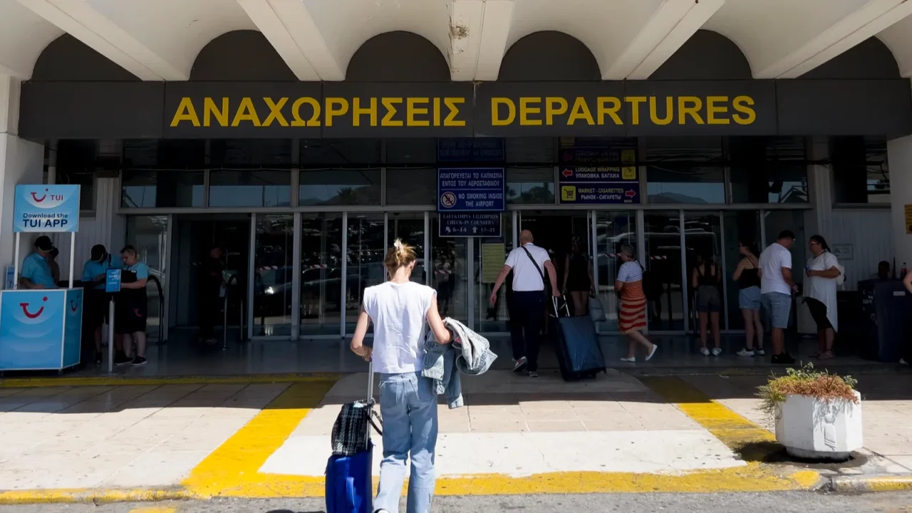passengers arrive in departures of heraklion international airport in crete