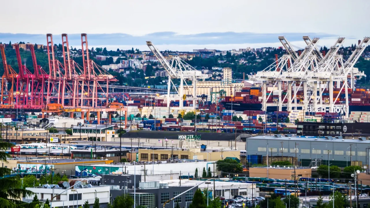 port of seattle with downtown skyline early morning