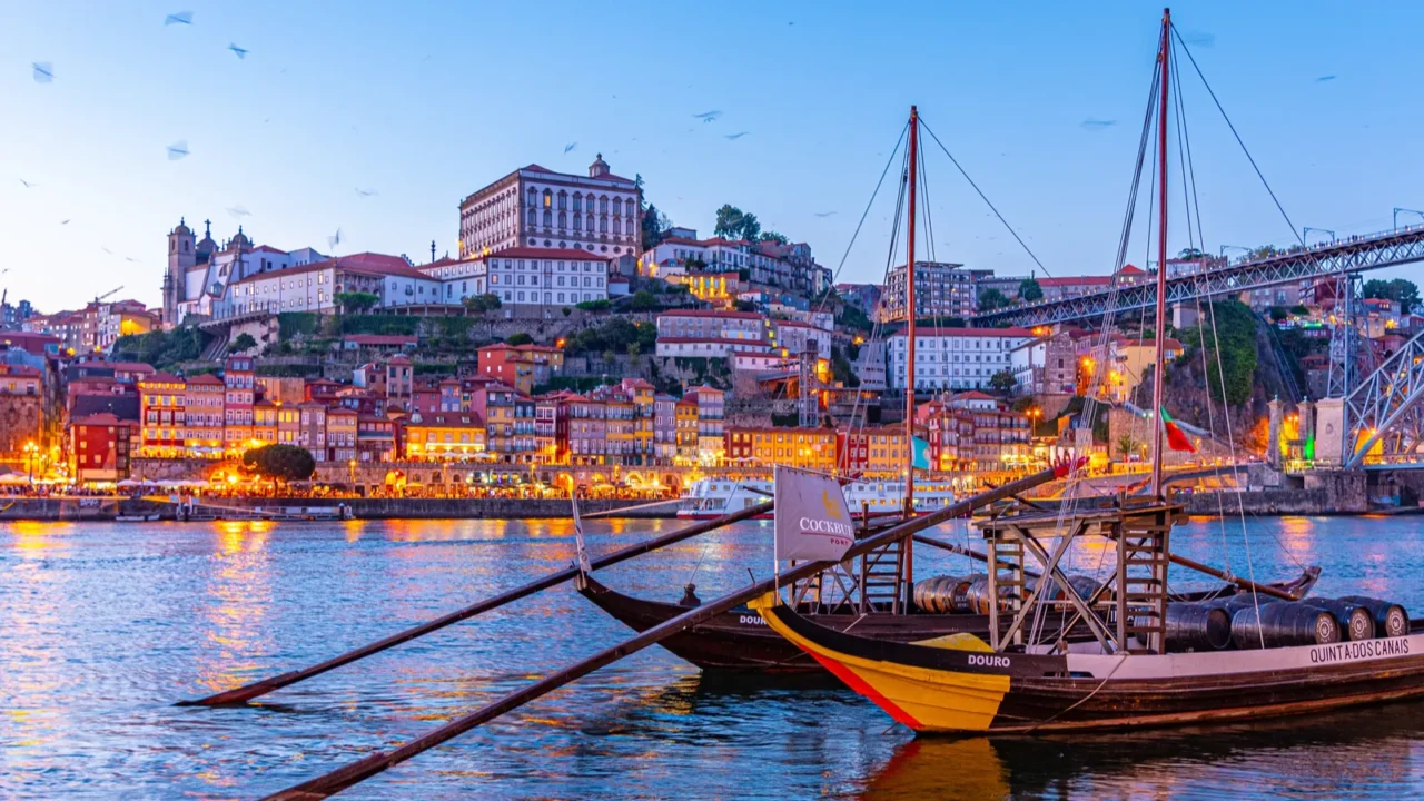 porto portugal may 25 2019 sunset view of rabelo boats