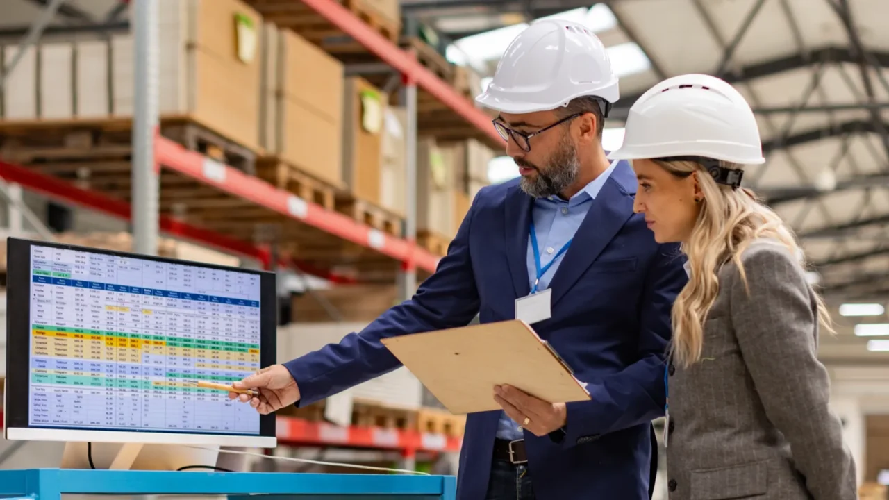 rear view of female engineer and male project manager standing