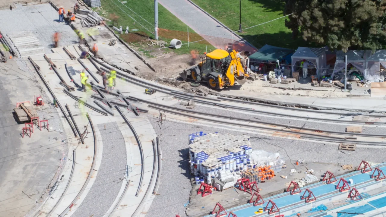 repair works on the street timelapse laying of new tram