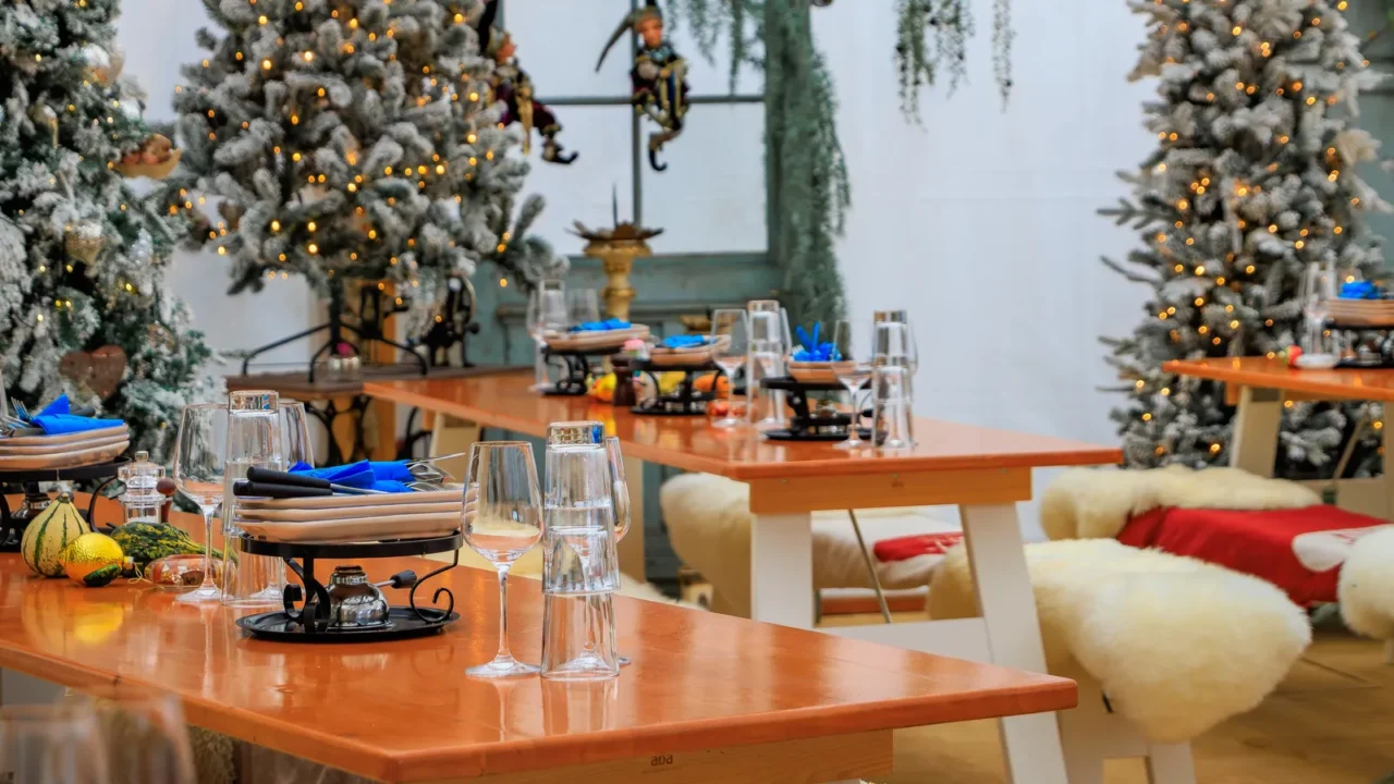 rustic winter wonderland wooden tables cozy fur throws christmas trees