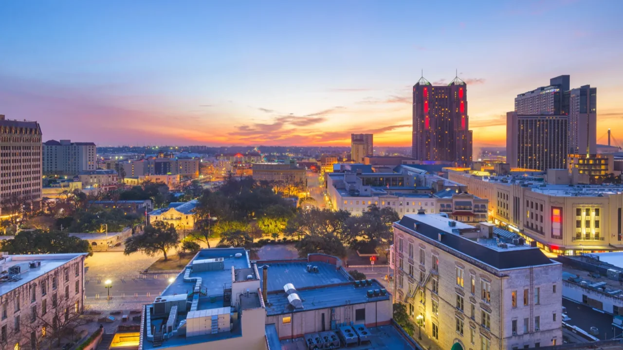 san antonio texas usa skyline at dusk from above