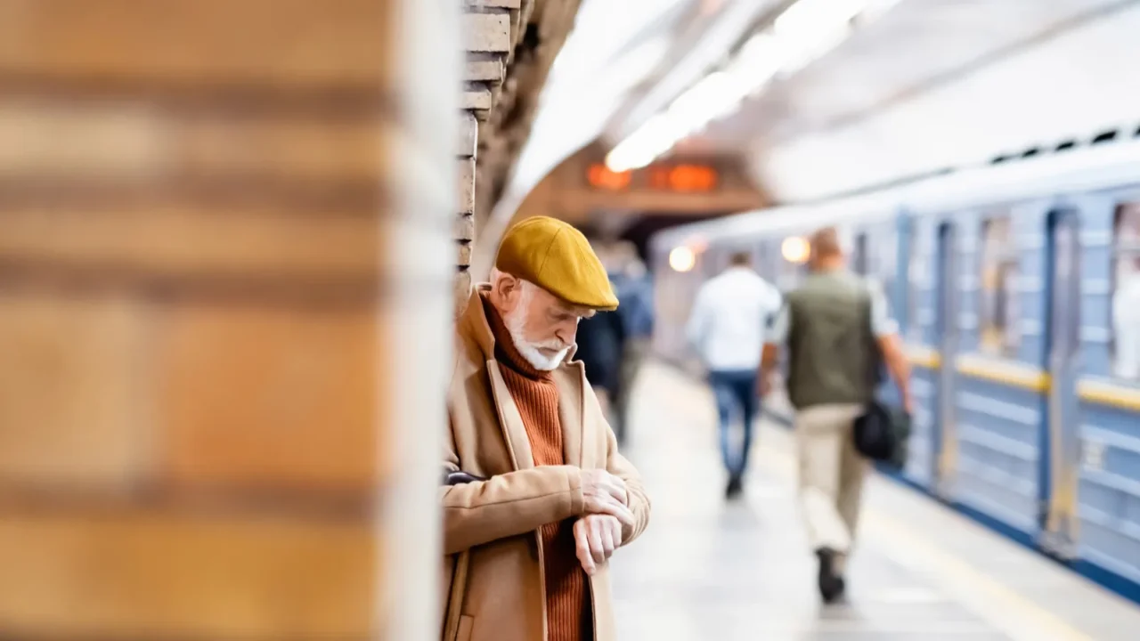 senior man in autumn coat and cap standing on underground