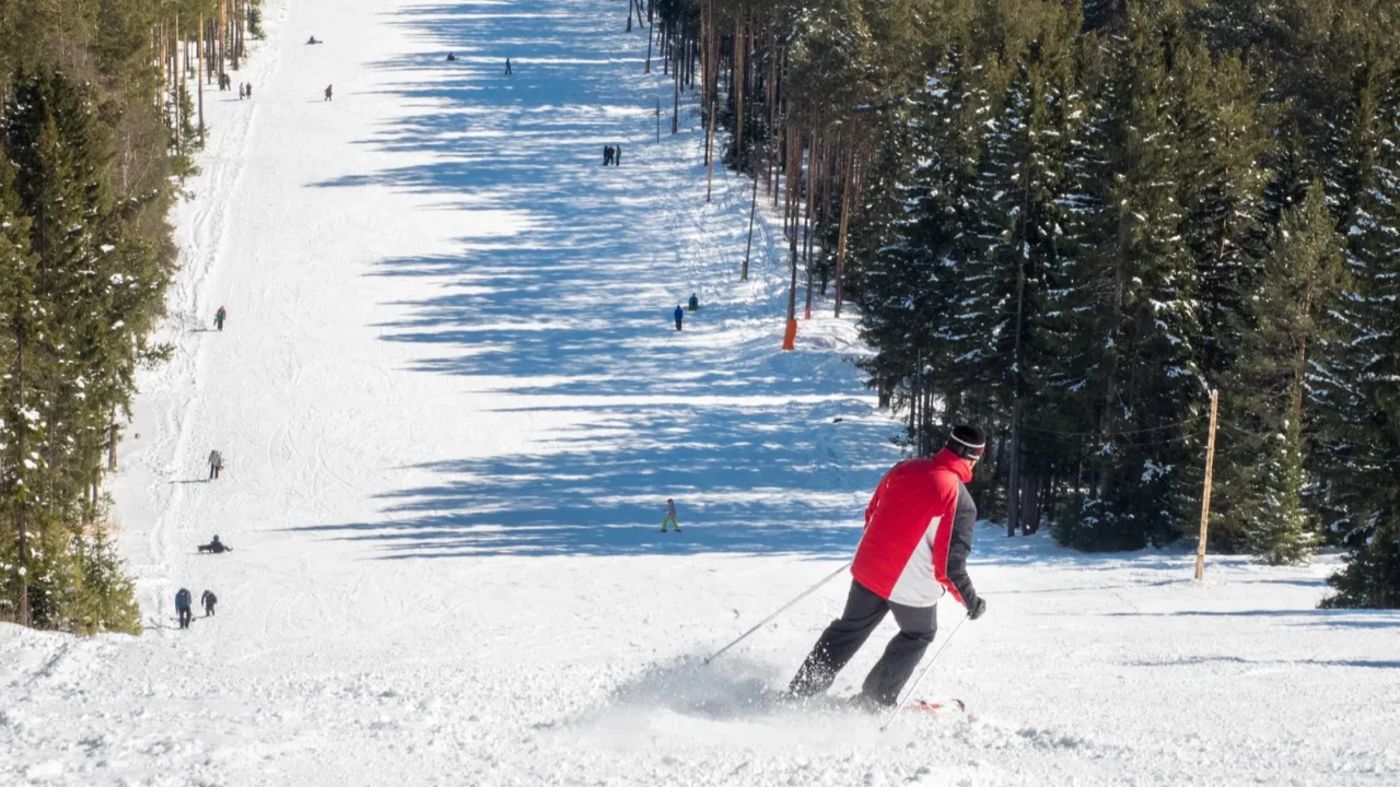 skier going down the slope ski trail for skiing and