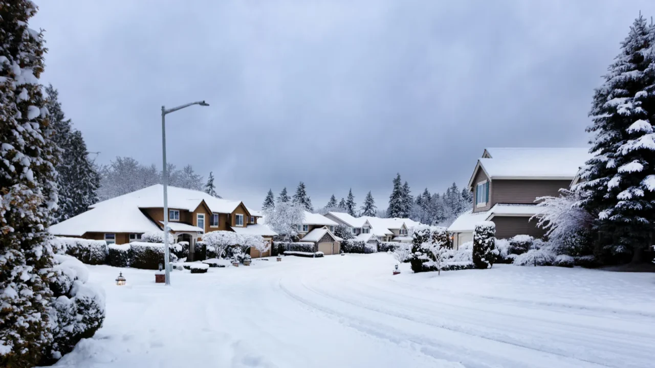 snow storm in northwest united states with residential homes and