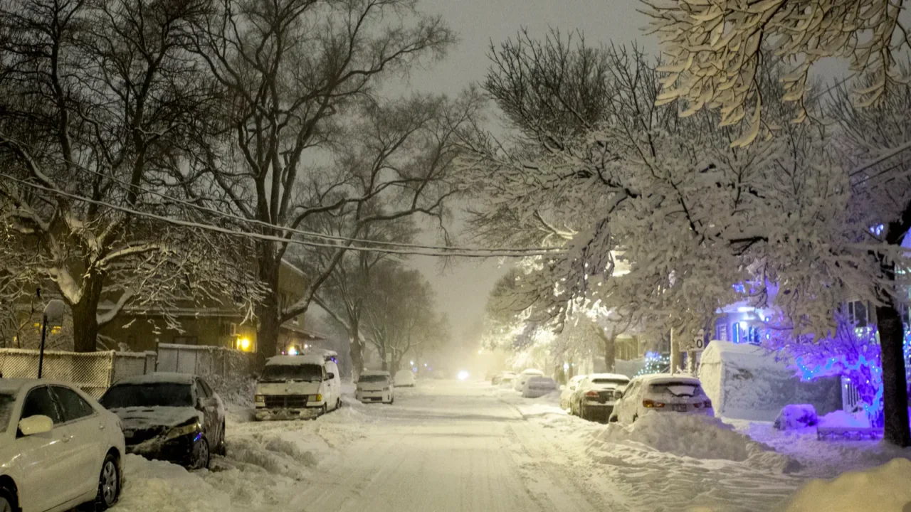 snowy street at night in montreal