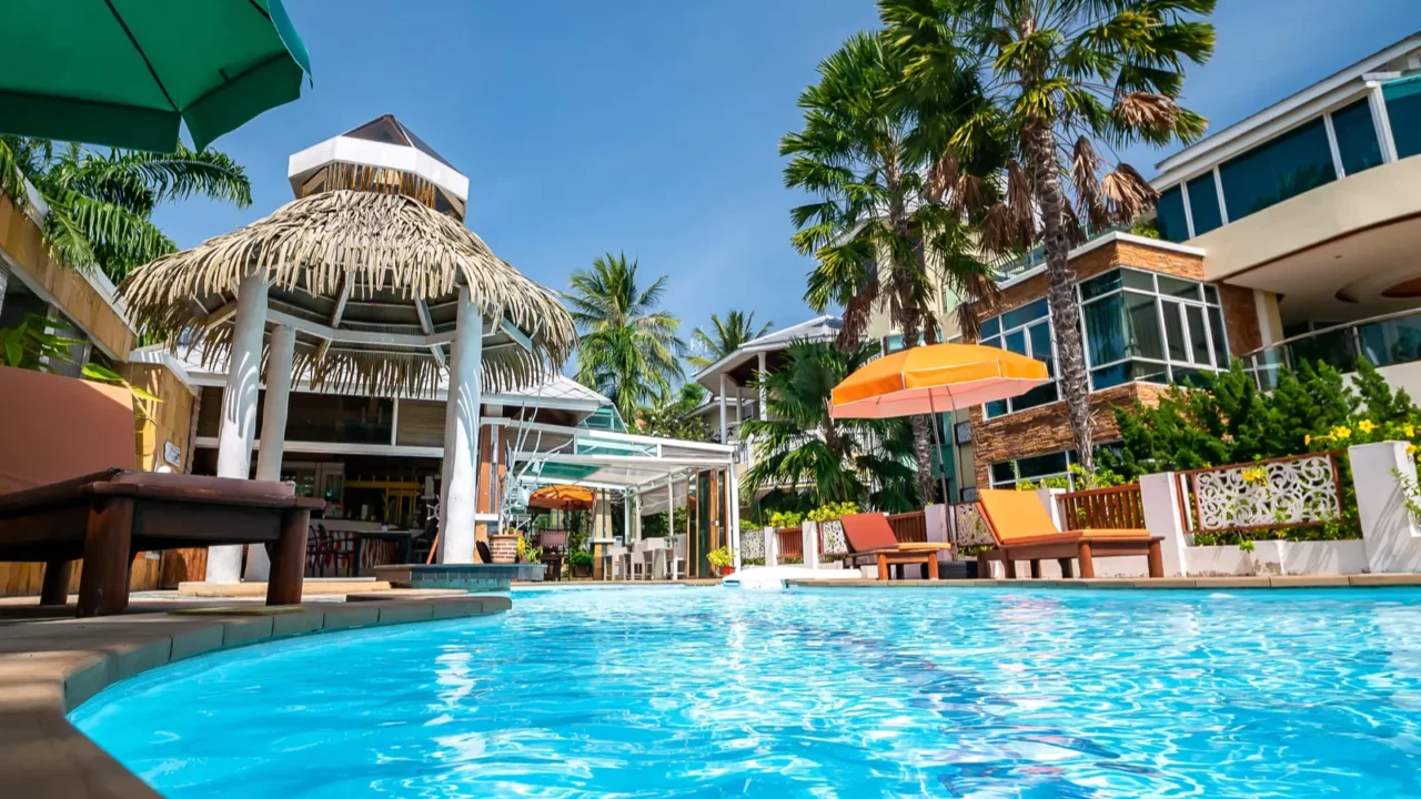 swimming pool in luxury resort or hotel with view of