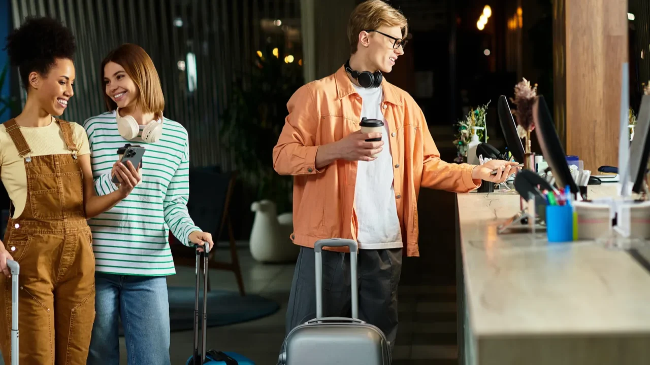 three colleagues chat and check in at a stylish hotel