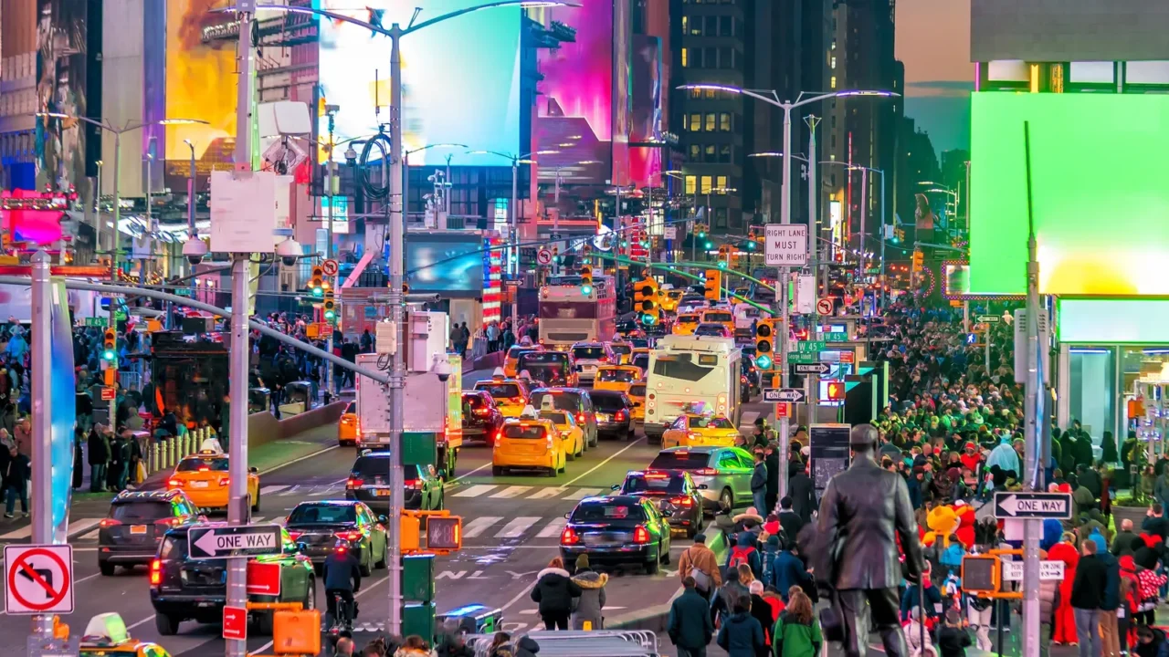 times square area with neon art and commerce an iconic